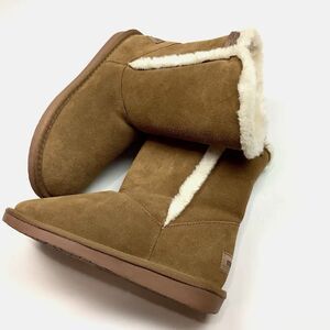 Minnetonka Winter Snow Boots Women 6 M Tan Brown Leather Pull On Faux Fur Lined